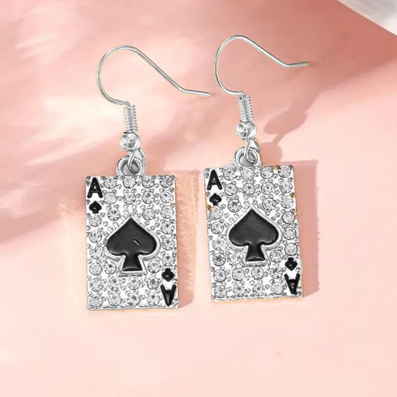 Chic Ace of Spades Dangle Earrings – Silver tone with Rhinestone Playing Card - Picture 1 of 3